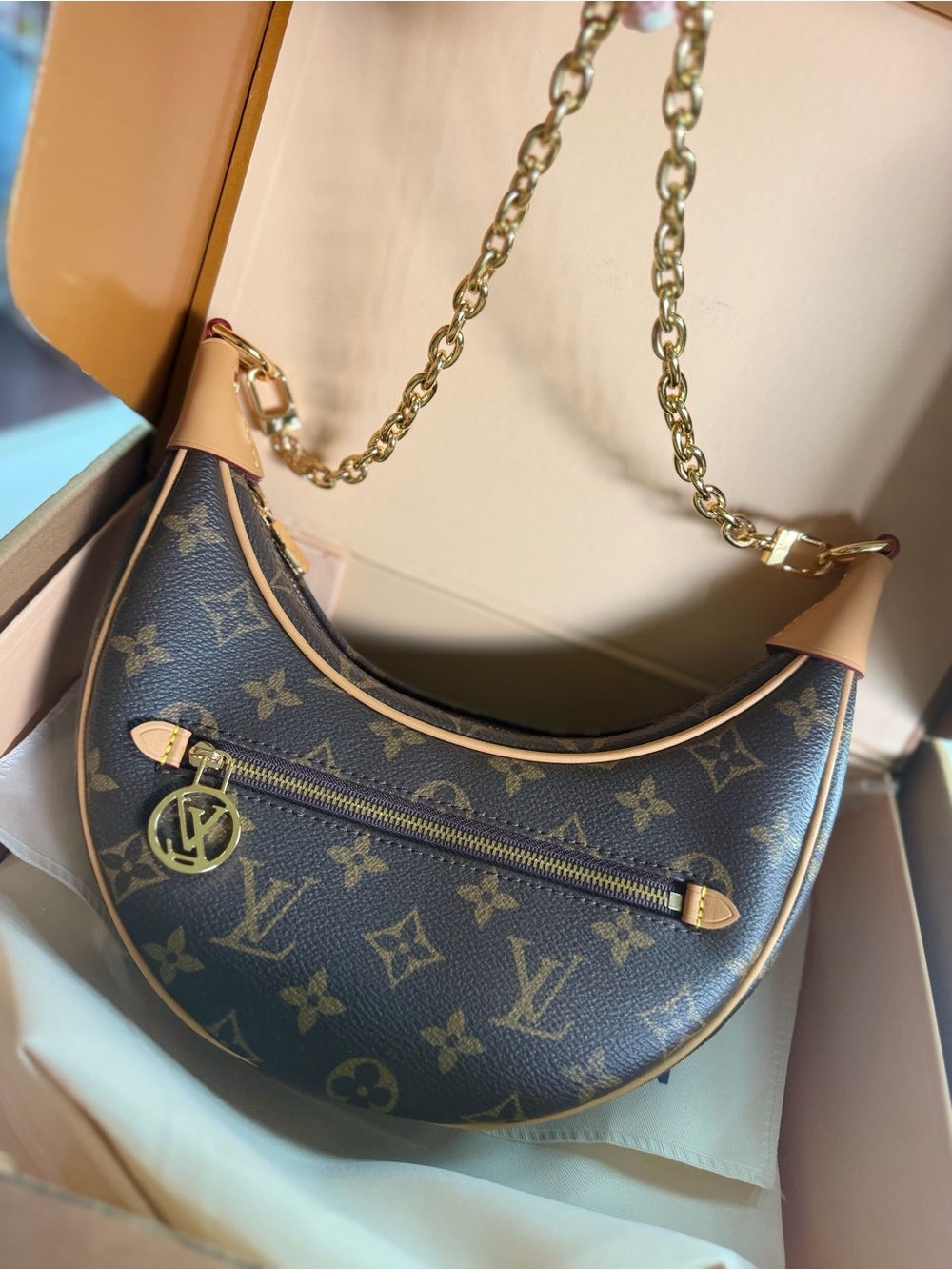Inspired Crescent Mini Shoulder Bag in Brown with Gold Chain